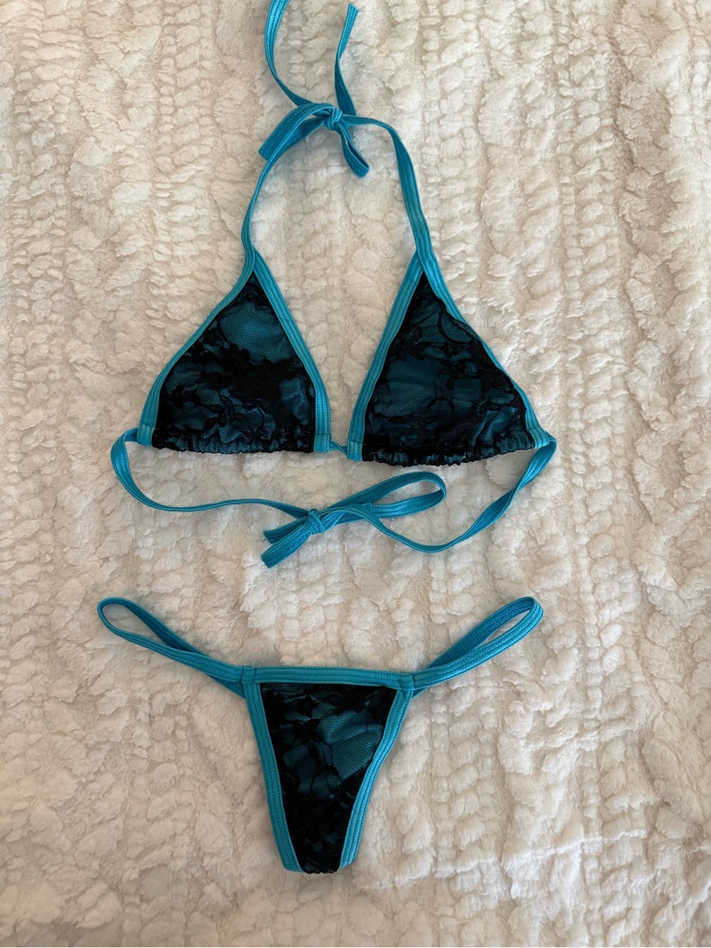 Black Lace Triangle Bikini with Turquoise Trim - Women Swim